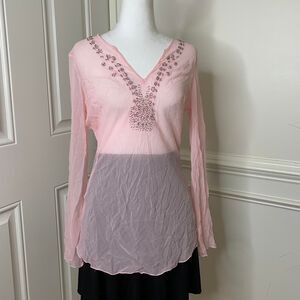 Y2K The Limited 100% Silk pink beaded sheer blouse with flared sleeves